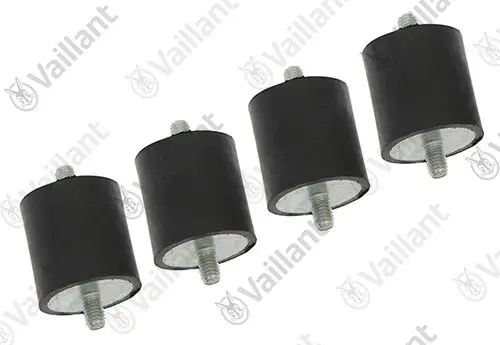 Vier schwarze Gummidämpfer mit Schrauben von Vaillant, konisch geformt und für eine Montage geeignet.